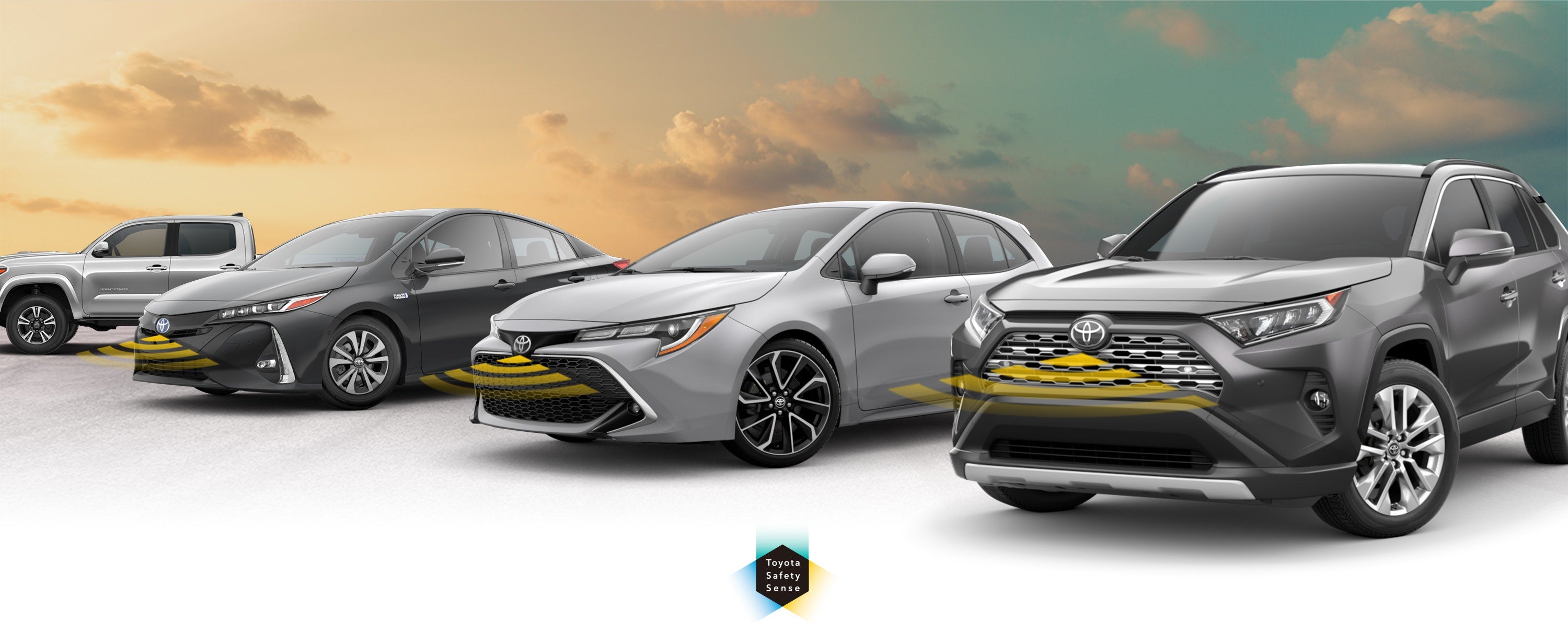 Toyota Safety Sense: Designed for Safety. Options shown on Toyota models including RAV4, Tacoma, and Camry, available now at Arlington Toyota in Palatine IL.