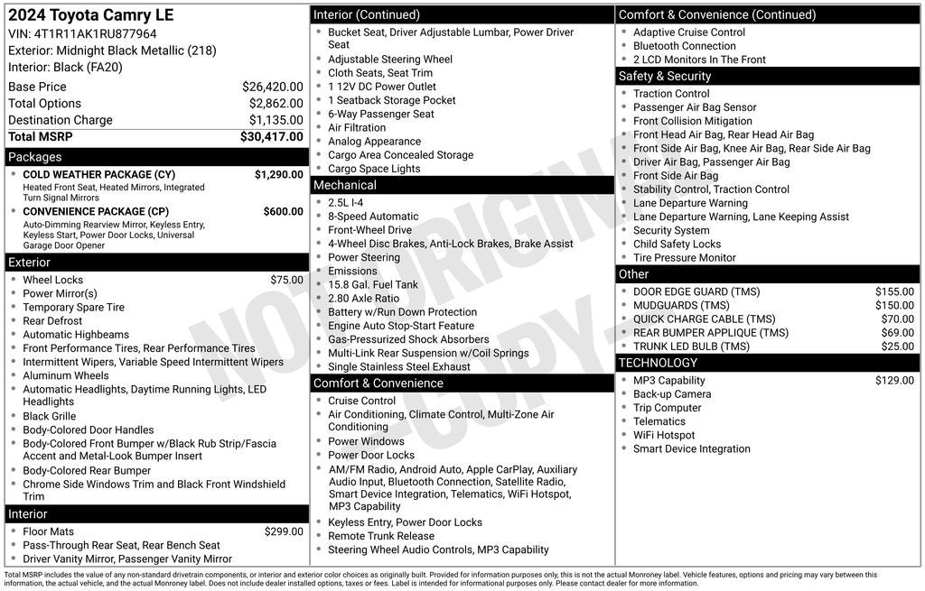 2024 Toyota Camry LE w/ Convenience and Weather Package