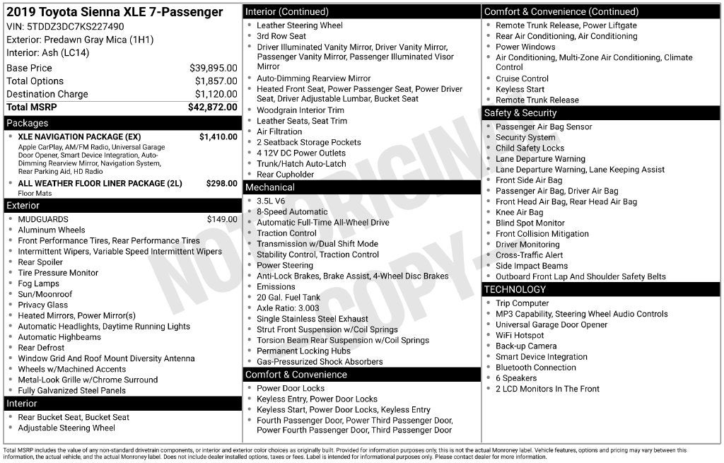 2019 Toyota Sienna XLE 7 Passenger