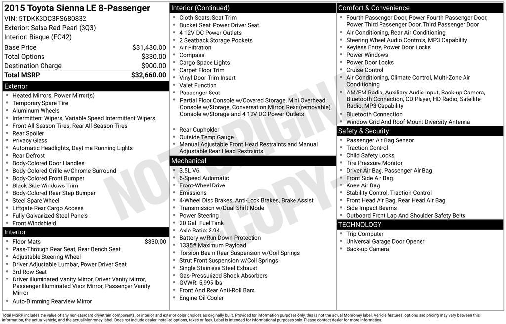 2015 Toyota SIENNA LE 3.5L LE 8 Passenger