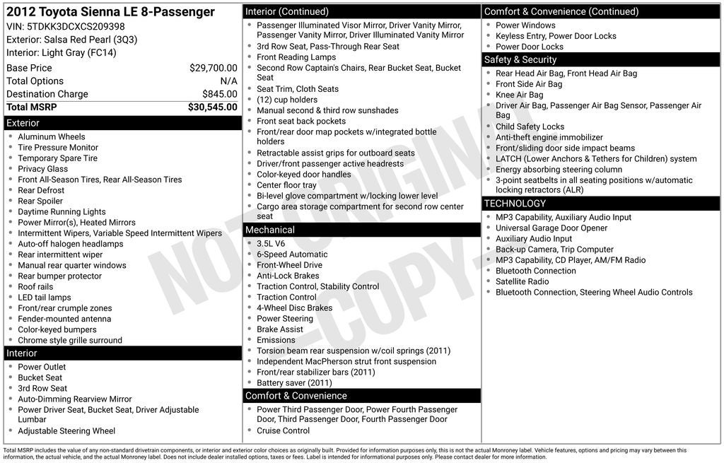 2012 Toyota SIENNA LE 3.5L LE 8 Passenger