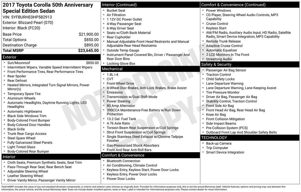 2017 Toyota COROLLA 50th Anniversary Special Edition
