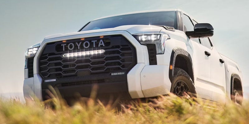 Front view of a white Toyota Tundra truck with TOYOTA spelled out on the grille, driving through tall grass.