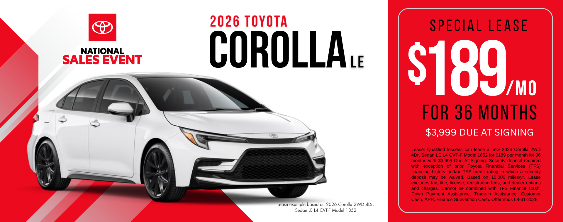 2026 Corolla LE Lease Offer August 2026
