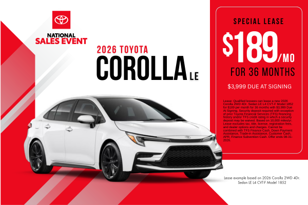2026 Corolla LE Lease Offer August 2026