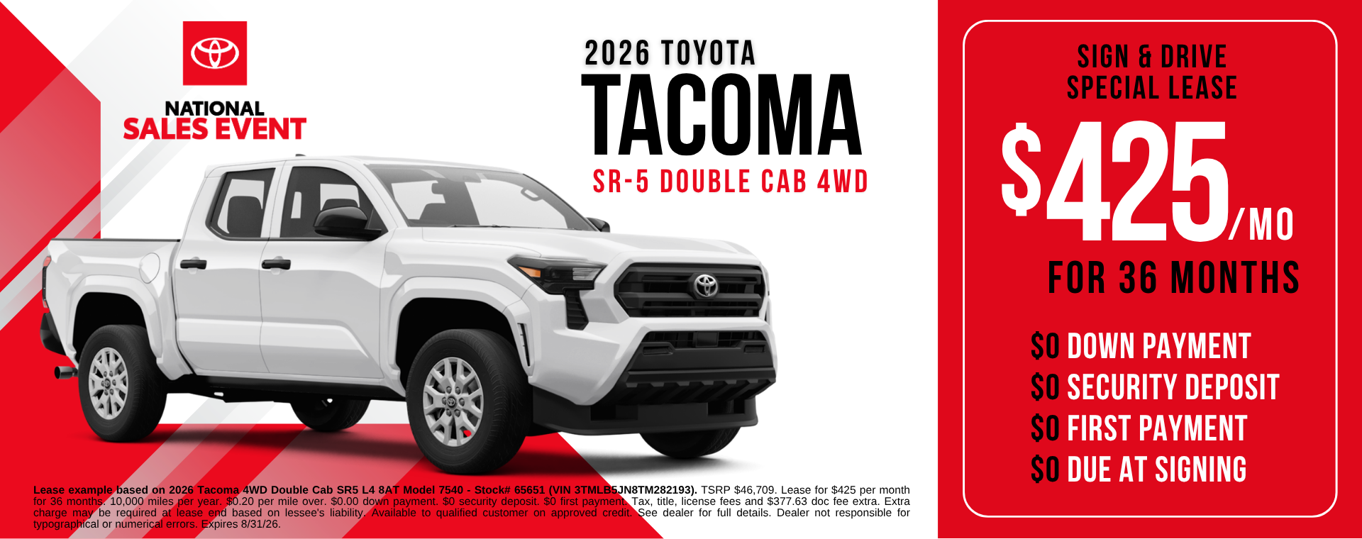 2026 Tacoma Special Lease August 2026