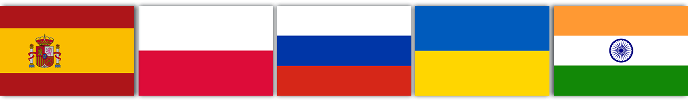 Flags of Spain, Poland, Russia, Ukraine, and India in separate panels.